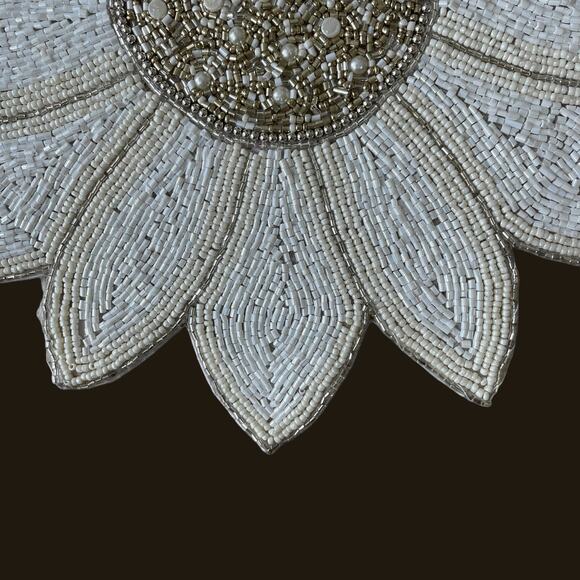 TAHARI HOME Glass Hand Beaded Charger Placemat 15in White Silver Floral NEW - Picture 4 of 14